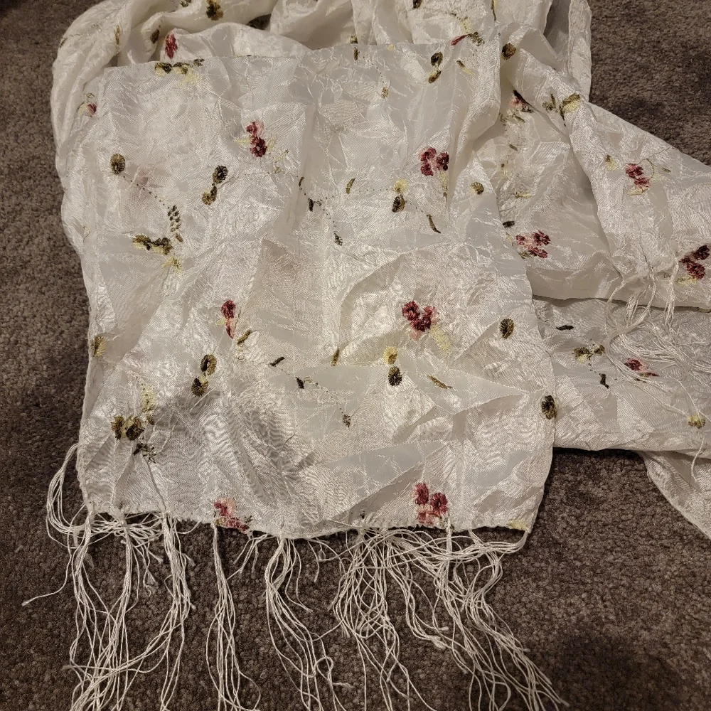 Embroidered fringe scarf